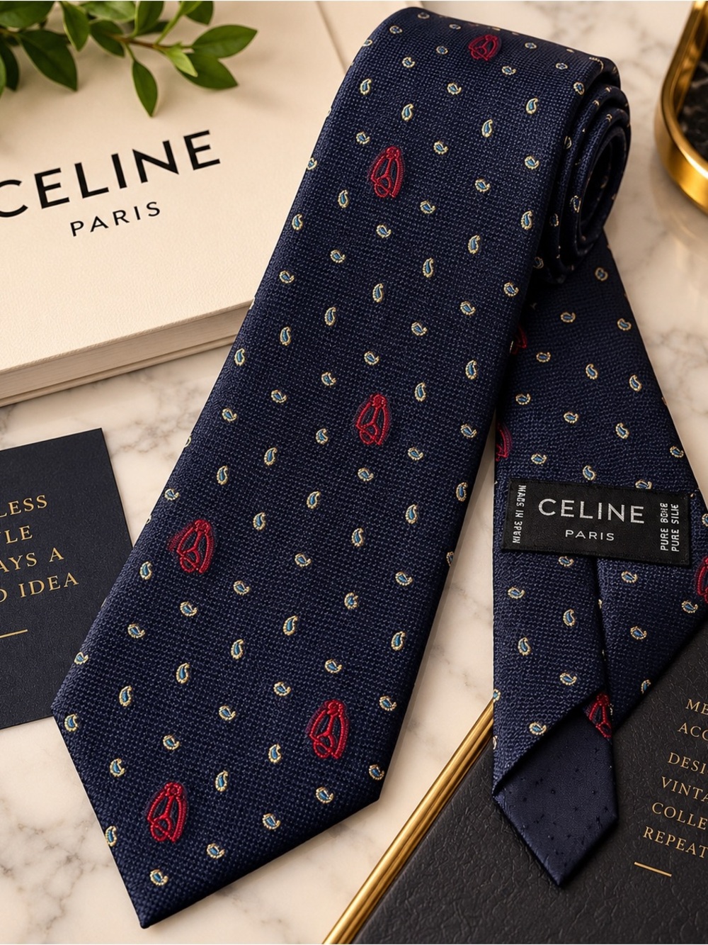 Vintage Celine Paris Pure Silk Navy Equestrian Paisley Logo Tie